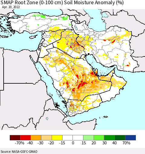 Middle East and Turkey SMAP Root Zone (0-100 cm) Soil Moisture Anomaly (%) Thematic Map For 4/16/2022 - 4/20/2022