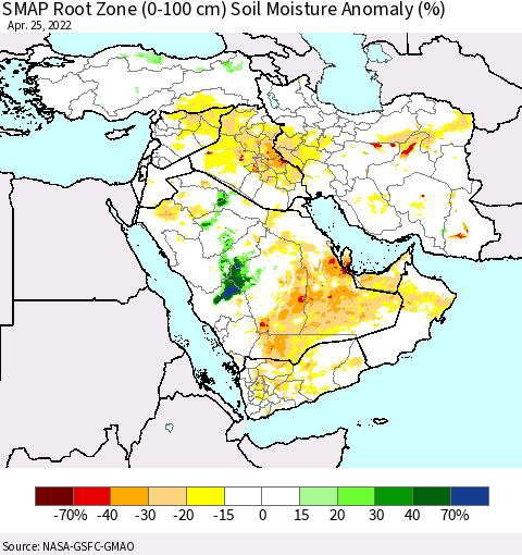 Middle East and Turkey SMAP Root Zone (0-100 cm) Soil Moisture Anomaly (%) Thematic Map For 4/21/2022 - 4/25/2022