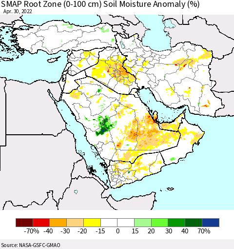Middle East and Turkey SMAP Root Zone (0-100 cm) Soil Moisture Anomaly (%) Thematic Map For 4/26/2022 - 4/30/2022