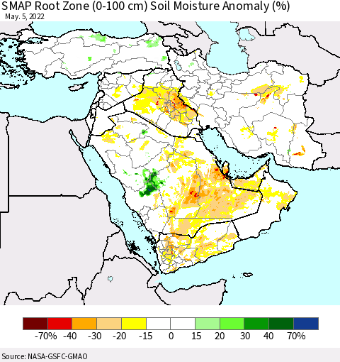 Middle East and Turkey SMAP Root Zone (0-100 cm) Soil Moisture Anomaly (%) Thematic Map For 5/1/2022 - 5/5/2022