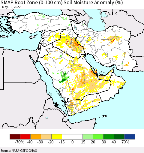 Middle East and Turkey SMAP Root Zone (0-100 cm) Soil Moisture Anomaly (%) Thematic Map For 5/6/2022 - 5/10/2022