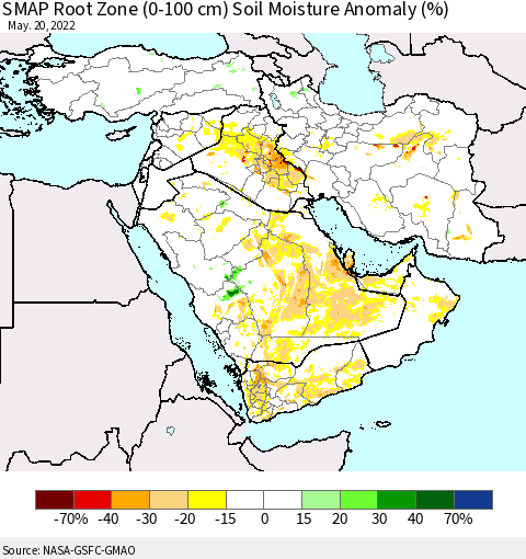 Middle East and Turkey SMAP Root Zone (0-100 cm) Soil Moisture Anomaly (%) Thematic Map For 5/16/2022 - 5/20/2022