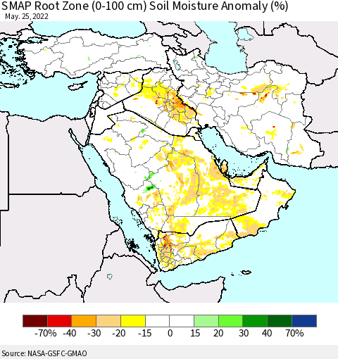 Middle East and Turkey SMAP Root Zone (0-100 cm) Soil Moisture Anomaly (%) Thematic Map For 5/21/2022 - 5/25/2022