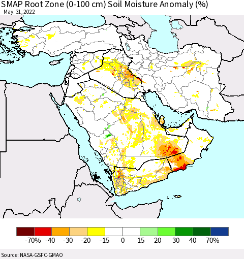 Middle East and Turkey SMAP Root Zone (0-100 cm) Soil Moisture Anomaly (%) Thematic Map For 5/26/2022 - 5/31/2022