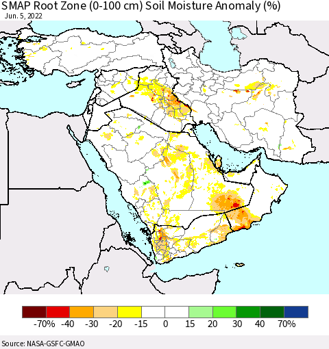 Middle East and Turkey SMAP Root Zone (0-100 cm) Soil Moisture Anomaly (%) Thematic Map For 6/1/2022 - 6/5/2022