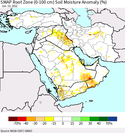 Middle East and Turkey SMAP Root Zone (0-100 cm) Soil Moisture Anomaly (%) Thematic Map For 6/6/2022 - 6/10/2022