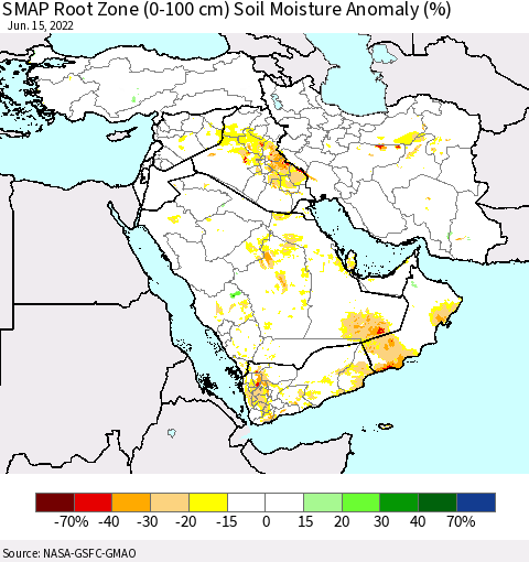 Middle East and Turkey SMAP Root Zone (0-100 cm) Soil Moisture Anomaly (%) Thematic Map For 6/11/2022 - 6/15/2022
