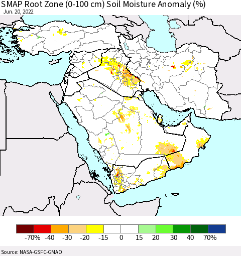 Middle East and Turkey SMAP Root Zone (0-100 cm) Soil Moisture Anomaly (%) Thematic Map For 6/16/2022 - 6/20/2022