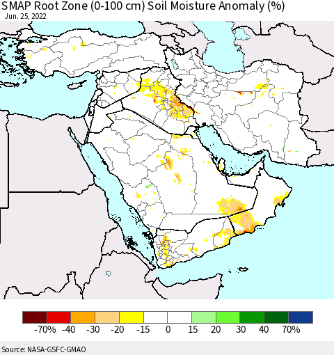 Middle East and Turkey SMAP Root Zone (0-100 cm) Soil Moisture Anomaly (%) Thematic Map For 6/21/2022 - 6/25/2022