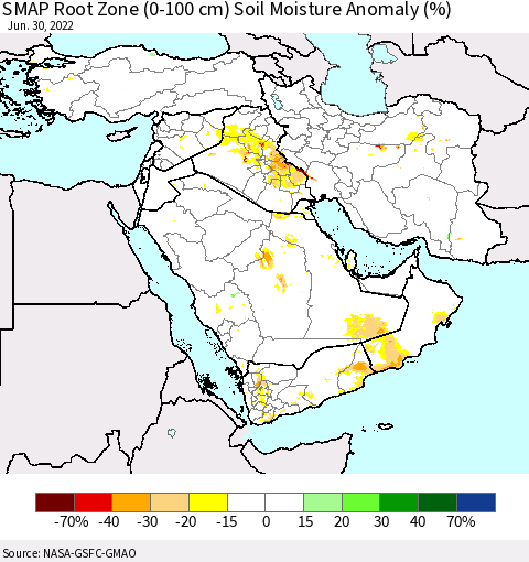 Middle East and Turkey SMAP Root Zone (0-100 cm) Soil Moisture Anomaly (%) Thematic Map For 6/26/2022 - 6/30/2022