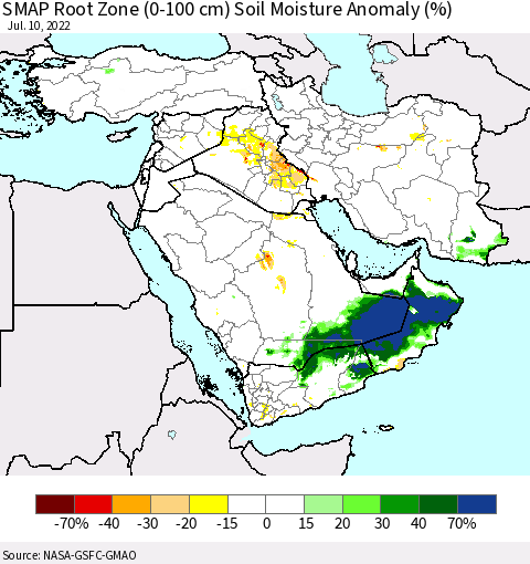 Middle East and Turkey SMAP Root Zone (0-100 cm) Soil Moisture Anomaly (%) Thematic Map For 7/6/2022 - 7/10/2022