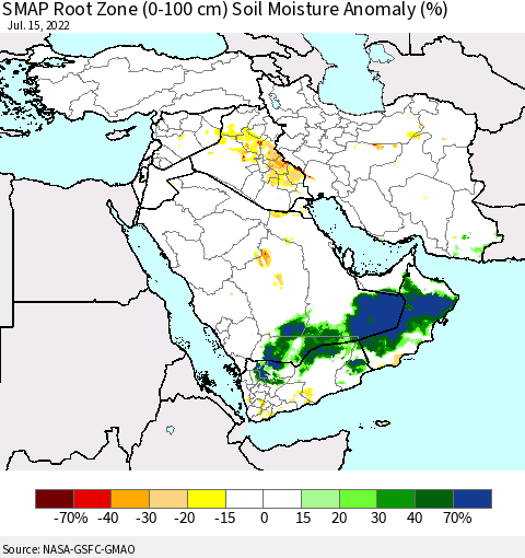 Middle East and Turkey SMAP Root Zone (0-100 cm) Soil Moisture Anomaly (%) Thematic Map For 7/11/2022 - 7/15/2022