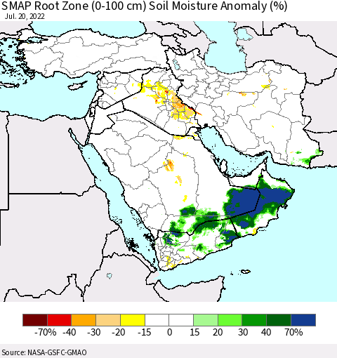 Middle East and Turkey SMAP Root Zone (0-100 cm) Soil Moisture Anomaly (%) Thematic Map For 7/16/2022 - 7/20/2022