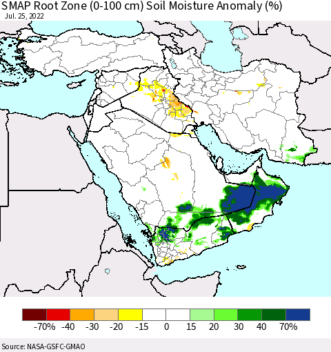 Middle East and Turkey SMAP Root Zone (0-100 cm) Soil Moisture Anomaly (%) Thematic Map For 7/21/2022 - 7/25/2022
