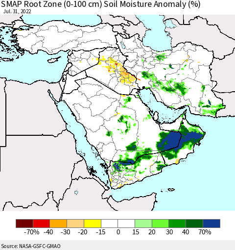 Middle East and Turkey SMAP Root Zone (0-100 cm) Soil Moisture Anomaly (%) Thematic Map For 7/26/2022 - 7/31/2022