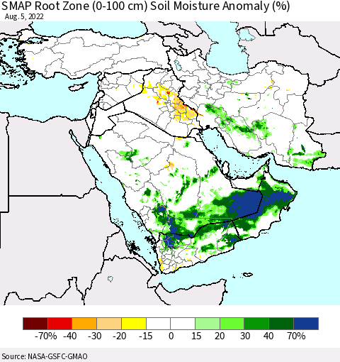 Middle East and Turkey SMAP Root Zone (0-100 cm) Soil Moisture Anomaly (%) Thematic Map For 8/1/2022 - 8/5/2022