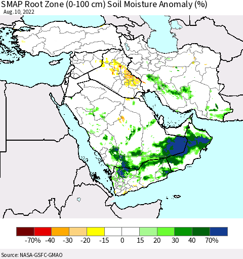 Middle East and Turkey SMAP Root Zone (0-100 cm) Soil Moisture Anomaly (%) Thematic Map For 8/6/2022 - 8/10/2022