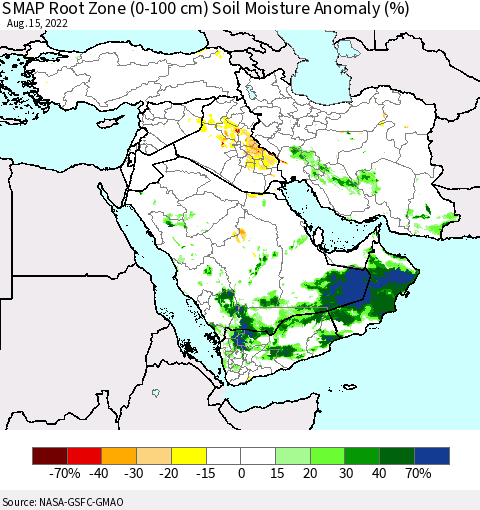 Middle East and Turkey SMAP Root Zone (0-100 cm) Soil Moisture Anomaly (%) Thematic Map For 8/11/2022 - 8/15/2022