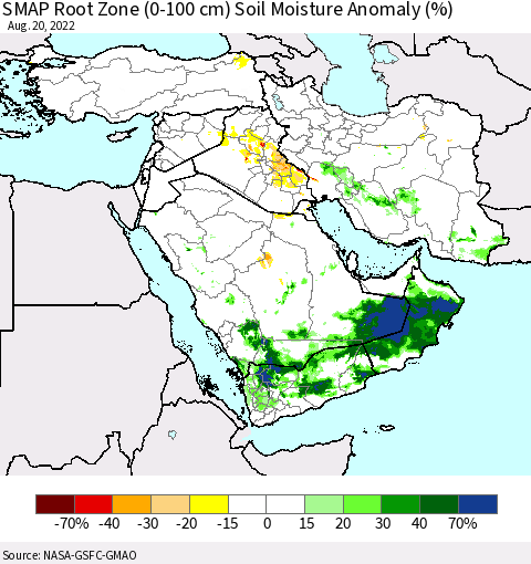 Middle East and Turkey SMAP Root Zone (0-100 cm) Soil Moisture Anomaly (%) Thematic Map For 8/16/2022 - 8/20/2022