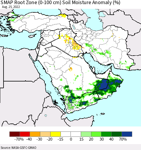Middle East and Turkey SMAP Root Zone (0-100 cm) Soil Moisture Anomaly (%) Thematic Map For 8/21/2022 - 8/25/2022