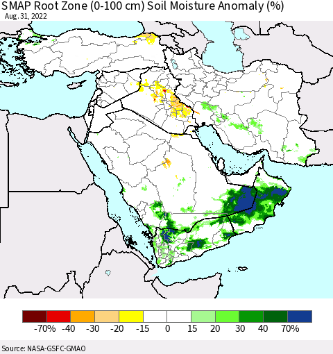 Middle East and Turkey SMAP Root Zone (0-100 cm) Soil Moisture Anomaly (%) Thematic Map For 8/26/2022 - 8/31/2022
