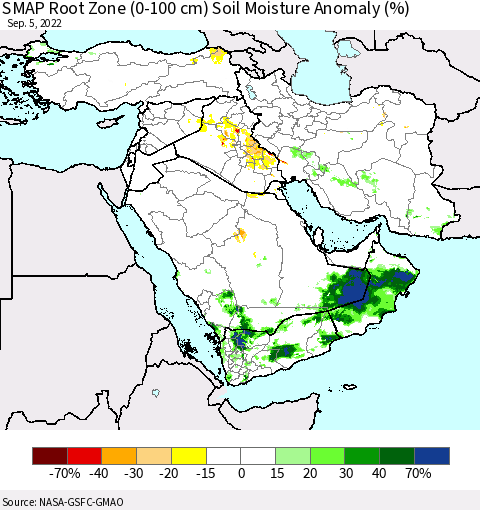 Middle East and Turkey SMAP Root Zone (0-100 cm) Soil Moisture Anomaly (%) Thematic Map For 9/1/2022 - 9/5/2022