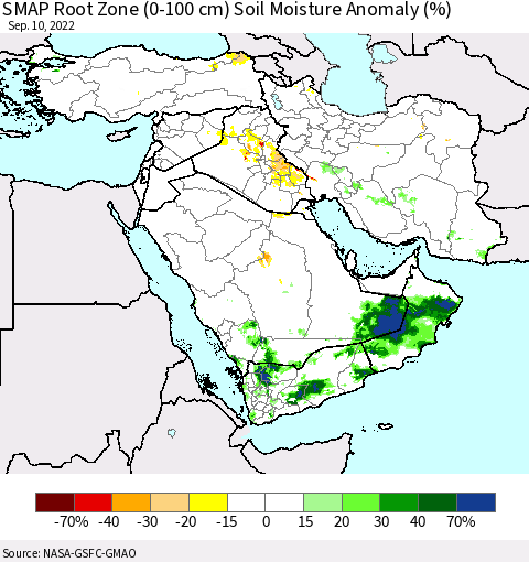 Middle East and Turkey SMAP Root Zone (0-100 cm) Soil Moisture Anomaly (%) Thematic Map For 9/6/2022 - 9/10/2022