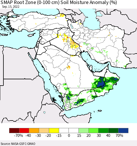 Middle East and Turkey SMAP Root Zone (0-100 cm) Soil Moisture Anomaly (%) Thematic Map For 9/11/2022 - 9/15/2022