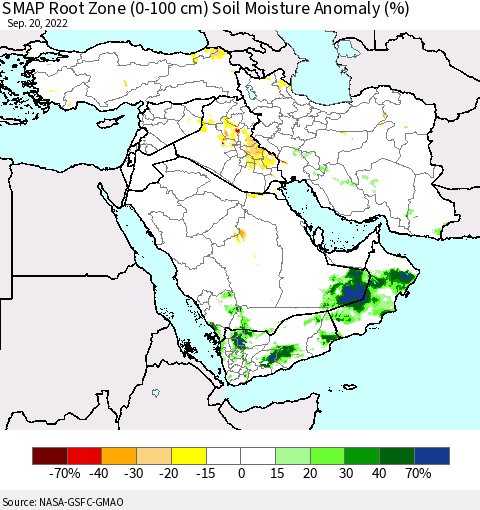 Middle East and Turkey SMAP Root Zone (0-100 cm) Soil Moisture Anomaly (%) Thematic Map For 9/16/2022 - 9/20/2022