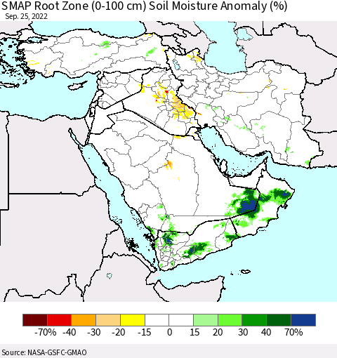 Middle East and Turkey SMAP Root Zone (0-100 cm) Soil Moisture Anomaly (%) Thematic Map For 9/21/2022 - 9/25/2022
