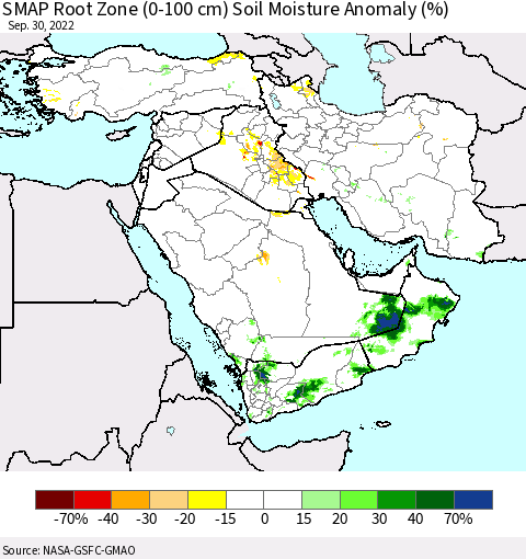 Middle East and Turkey SMAP Root Zone (0-100 cm) Soil Moisture Anomaly (%) Thematic Map For 9/26/2022 - 9/30/2022