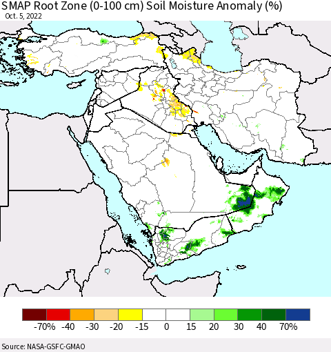 Middle East and Turkey SMAP Root Zone (0-100 cm) Soil Moisture Anomaly (%) Thematic Map For 10/1/2022 - 10/5/2022