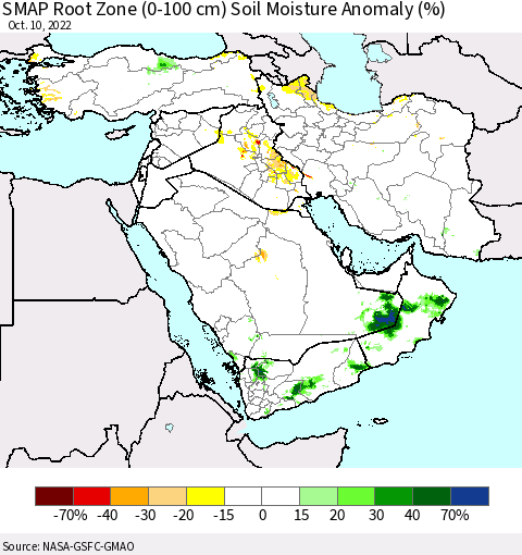 Middle East and Turkey SMAP Root Zone (0-100 cm) Soil Moisture Anomaly (%) Thematic Map For 10/6/2022 - 10/10/2022