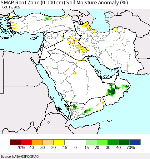 Middle East and Turkey SMAP Root Zone (0-100 cm) Soil Moisture Anomaly (%) Thematic Map For 10/11/2022 - 10/15/2022