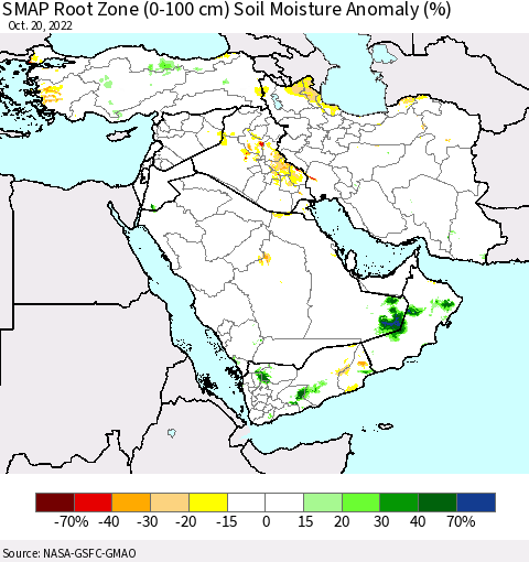 Middle East and Turkey SMAP Root Zone (0-100 cm) Soil Moisture Anomaly (%) Thematic Map For 10/16/2022 - 10/20/2022