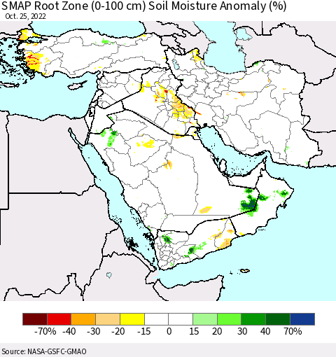 Middle East and Turkey SMAP Root Zone (0-100 cm) Soil Moisture Anomaly (%) Thematic Map For 10/21/2022 - 10/25/2022