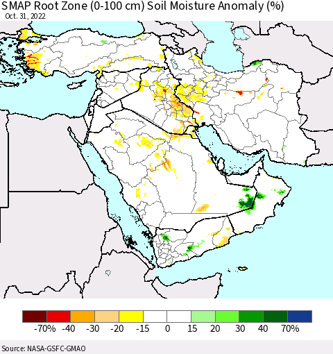 Middle East and Turkey SMAP Root Zone (0-100 cm) Soil Moisture Anomaly (%) Thematic Map For 10/26/2022 - 10/31/2022
