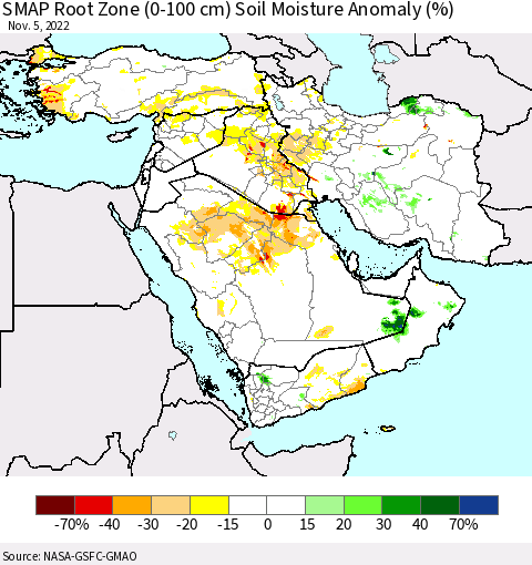 Middle East and Turkey SMAP Root Zone (0-100 cm) Soil Moisture Anomaly (%) Thematic Map For 11/1/2022 - 11/5/2022