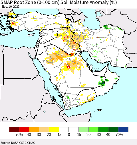 Middle East and Turkey SMAP Root Zone (0-100 cm) Soil Moisture Anomaly (%) Thematic Map For 11/6/2022 - 11/10/2022