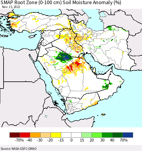 Middle East and Turkey SMAP Root Zone (0-100 cm) Soil Moisture Anomaly (%) Thematic Map For 11/11/2022 - 11/15/2022