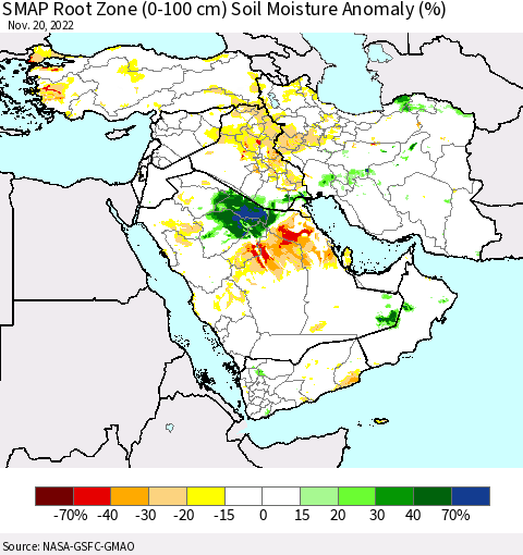 Middle East and Turkey SMAP Root Zone (0-100 cm) Soil Moisture Anomaly (%) Thematic Map For 11/16/2022 - 11/20/2022