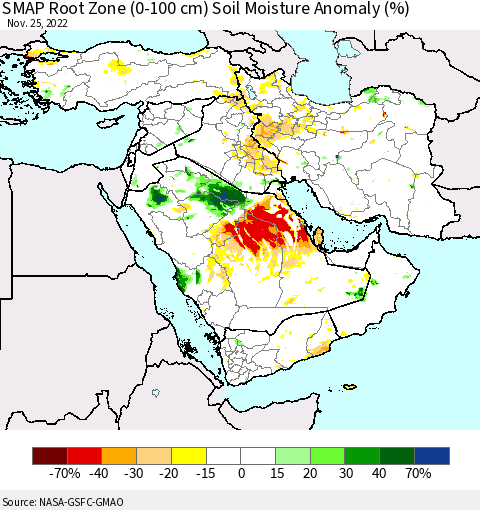 Middle East and Turkey SMAP Root Zone (0-100 cm) Soil Moisture Anomaly (%) Thematic Map For 11/21/2022 - 11/25/2022
