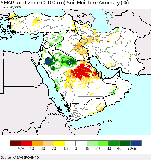 Middle East and Turkey SMAP Root Zone (0-100 cm) Soil Moisture Anomaly (%) Thematic Map For 11/26/2022 - 11/30/2022