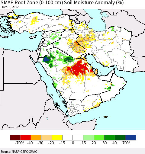 Middle East and Turkey SMAP Root Zone (0-100 cm) Soil Moisture Anomaly (%) Thematic Map For 12/1/2022 - 12/5/2022