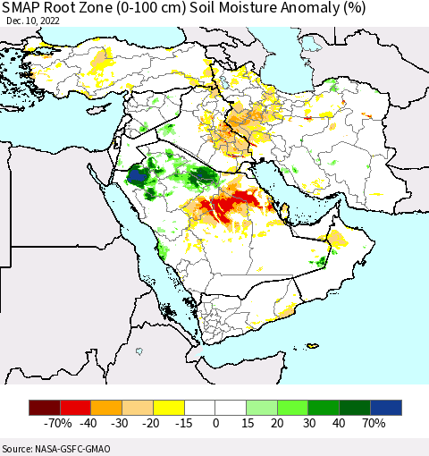 Middle East and Turkey SMAP Root Zone (0-100 cm) Soil Moisture Anomaly (%) Thematic Map For 12/6/2022 - 12/10/2022