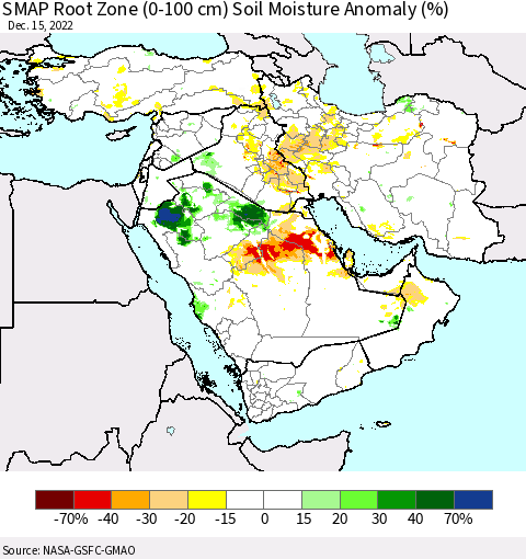 Middle East and Turkey SMAP Root Zone (0-100 cm) Soil Moisture Anomaly (%) Thematic Map For 12/11/2022 - 12/15/2022