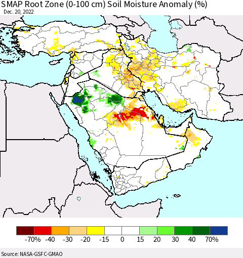 Middle East and Turkey SMAP Root Zone (0-100 cm) Soil Moisture Anomaly (%) Thematic Map For 12/16/2022 - 12/20/2022