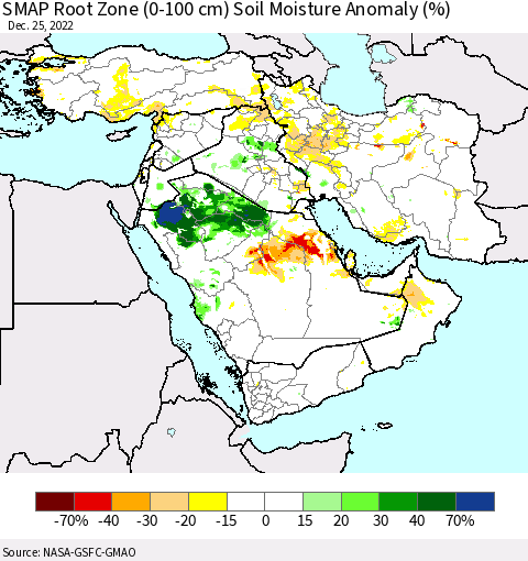 Middle East and Turkey SMAP Root Zone (0-100 cm) Soil Moisture Anomaly (%) Thematic Map For 12/21/2022 - 12/25/2022