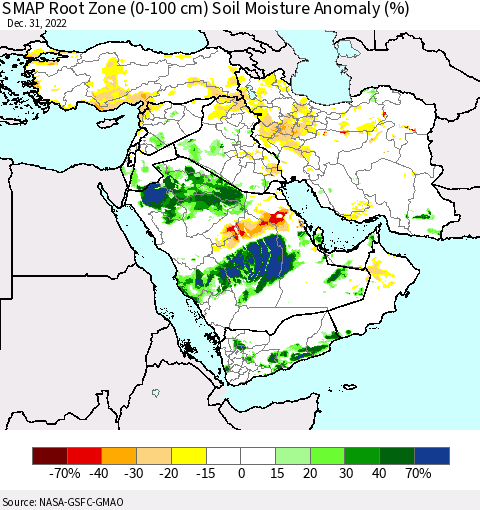 Middle East and Turkey SMAP Root Zone (0-100 cm) Soil Moisture Anomaly (%) Thematic Map For 12/26/2022 - 12/31/2022