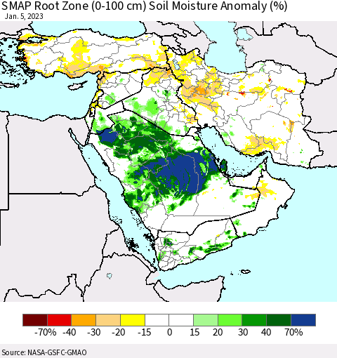 Middle East and Turkey SMAP Root Zone (0-100 cm) Soil Moisture Anomaly (%) Thematic Map For 1/1/2023 - 1/5/2023